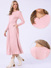 Crew Neck Long Sleeve Pocketed A-Line Sweater Dresses