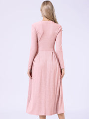Crew Neck Long Sleeve Pocketed A-Line Sweater Dresses