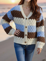 Colorblock Striped Long Sleeves Knitted Casual Cardigans