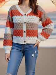 Colorblock Striped Long Sleeves Knitted Casual Cardigans