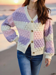 Colorblock Striped Long Sleeves Knitted Casual Cardigans