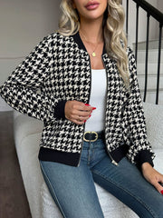 Zipper Long Sleeves Houndstooth Bomber Jacket