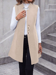 Solid Color Sleeveless Pockets Mid-Length Vest