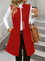 Solid Color Sleeveless Pockets Mid-Length Vest