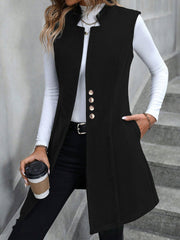 Solid Color Sleeveless Pockets Mid-Length Vest