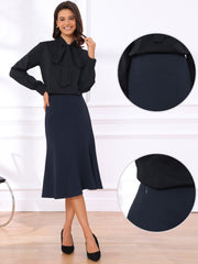 Solid Color Business Casual Midi High Waisted Flared Skirt
