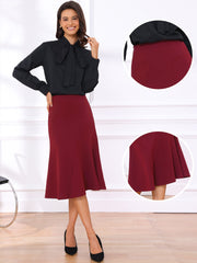 Solid Color Business Casual Midi High Waisted Flared Skirt