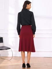 Solid Color Business Casual Midi High Waisted Flared Skirt