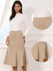 Solid Color Business Casual Midi High Waisted Flared Skirt