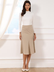 Solid Color Business Casual Midi High Waisted Flared Skirt