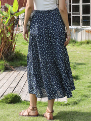 Floral Elastic Waisted Slit A-Line Tiered Long Skirts