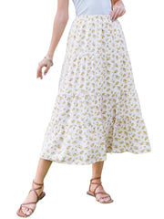 Floral Elastic Waisted Slit A-Line Tiered Long Skirts