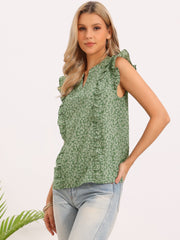 Ruffled Cap Sleeve Notch Neck Summer Floral Blouse