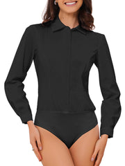 Long Sleeve Leotard Shirt Business Work Button Down Bodysuit