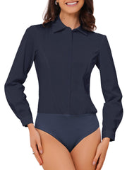 Long Sleeve Leotard Shirt Business Work Button Down Bodysuit