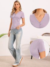 Short Sleeve V Neck Ribbed Knit Henley Tops