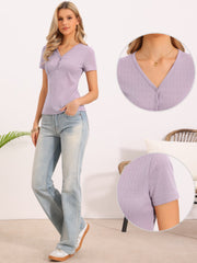 Short Sleeve V Neck Ribbed Knit Henley Tops
