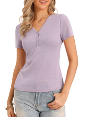 Short Sleeve V Neck Ribbed Knit Henley Tops