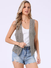 Floral Crochet Hollow Out Sleeveless Open Front Boho Vest Cardigan