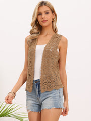 Floral Crochet Hollow Out Sleeveless Open Front Boho Vest Cardigan