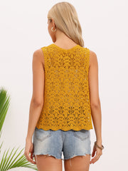 Floral Crochet Hollow Out Sleeveless Open Front Boho Vest Cardigan