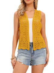 Floral Crochet Hollow Out Sleeveless Open Front Boho Vest Cardigan