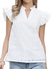 Eyelet Cotton Notch Neck Ruffle Cap Sleeve Blouse