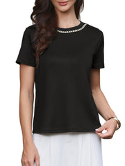 Tweed Neck Short Sleeve Summer Elegant Blouse