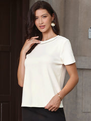 Tweed Neck Short Sleeve Summer Elegant Blouse