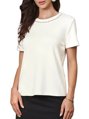Tweed Neck Short Sleeve Summer Elegant Blouse