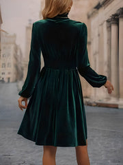 Velvet Smocked Neck Puff Long Sleeves A-Line Dress