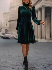 Velvet Smocked Neck Puff Long Sleeves A-Line Dress