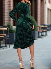 Velvet Embossed V Neck Puff Sleeves A-Line Dress