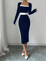 Square Neck Long Sleeves Colorblock Bodycon Dress