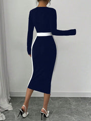 Square Neck Long Sleeves Colorblock Bodycon Dress