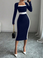 Square Neck Long Sleeves Colorblock Bodycon Dress