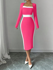 Square Neck Long Sleeves Colorblock Bodycon Dress