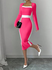 Square Neck Long Sleeves Colorblock Bodycon Dress