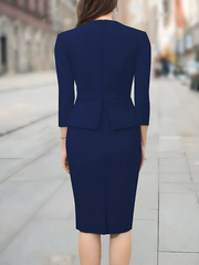 Solid Color 3/4 Sleeves Peplum Midi Sheath Dress