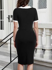 Contrast Color Short Sleeves Work Midi Sheath Dress