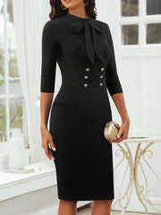 Bow Button Decor 3/4 Sleeves Work Midi Sheath Dress