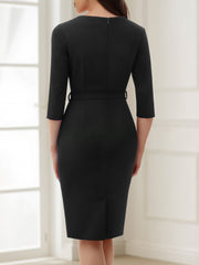 Notch Neck 3/4 Sleeves Belted Work Midi Sheath Dress