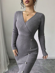 V Neck Long Sleeves Slit Bodycon Sweater Dress