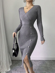 V Neck Long Sleeves Slit Bodycon Sweater Dress