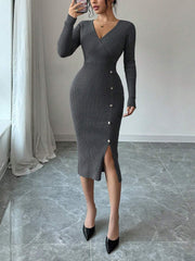 V Neck Long Sleeves Slit Bodycon Sweater Dress