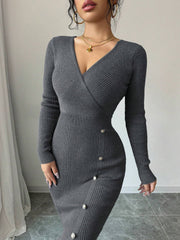V Neck Long Sleeves Slit Bodycon Sweater Dress