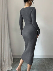 V Neck Long Sleeves Slit Bodycon Sweater Dress