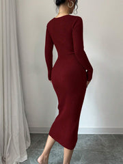 V Neck Long Sleeves Slit Bodycon Sweater Dress