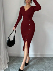 V Neck Long Sleeves Slit Bodycon Sweater Dress