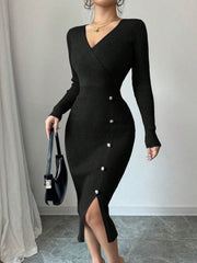 V Neck Long Sleeves Slit Bodycon Sweater Dress